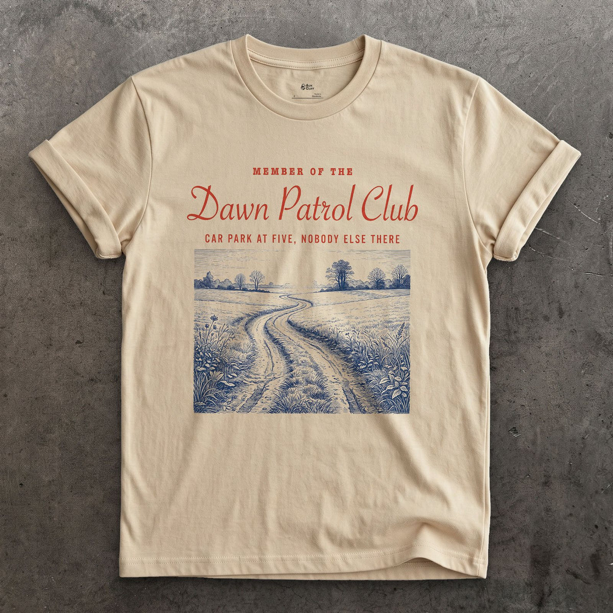 Dawn Patrol, Car Park at Five, Nobody Else There design on a Sand Gildan Softstyle t-shirt