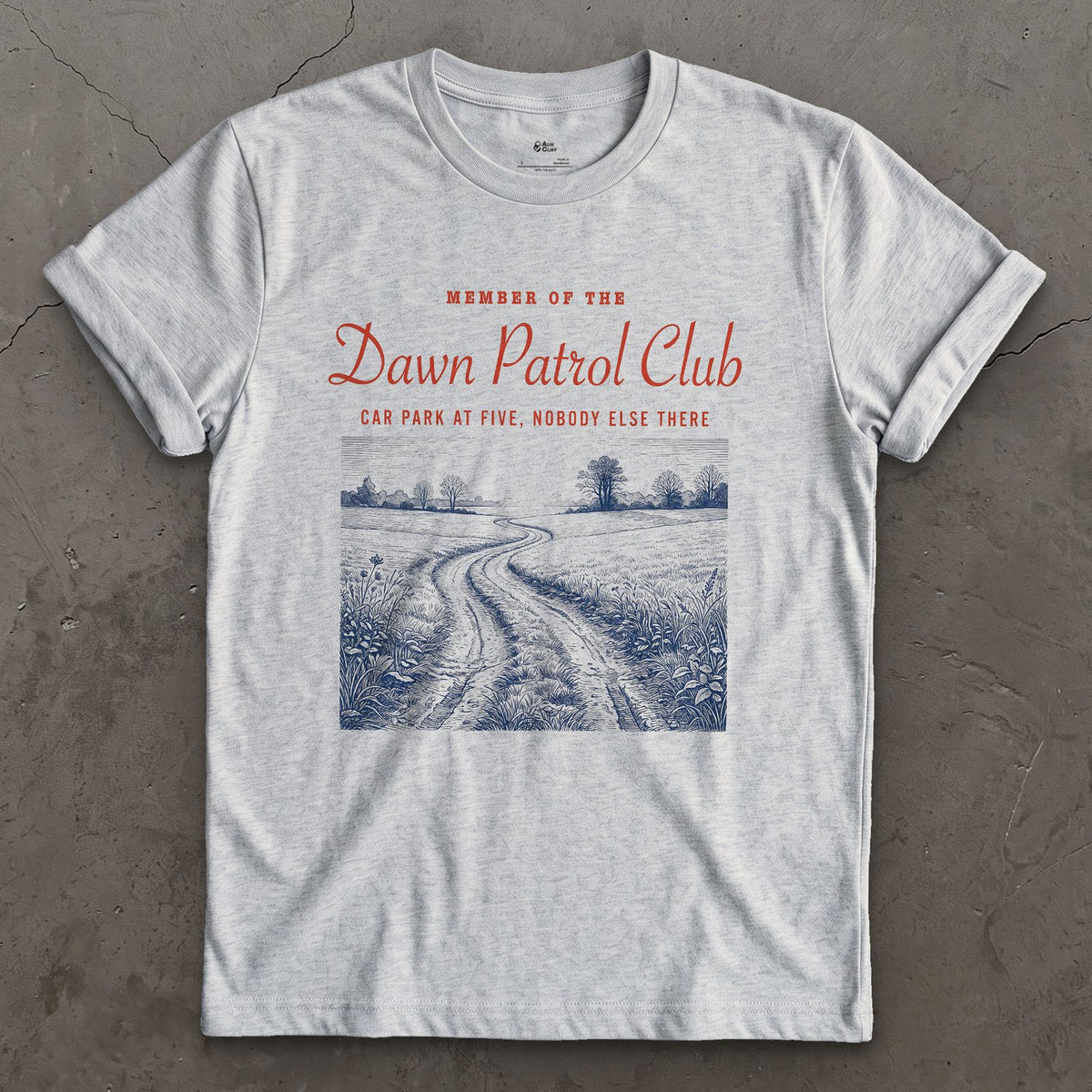 Dawn Patrol, Car Park at Five, Nobody Else There design on a Sport Grey Gildan Softstyle t-shirt