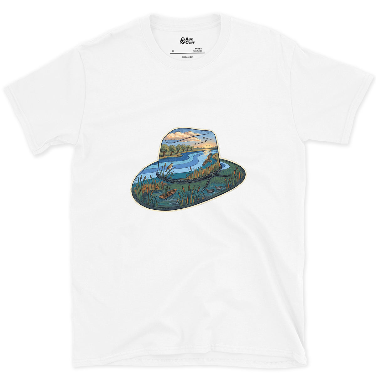 Dawn in the Reedbed, Field Hat design on a White Gildan Softstyle t-shirt