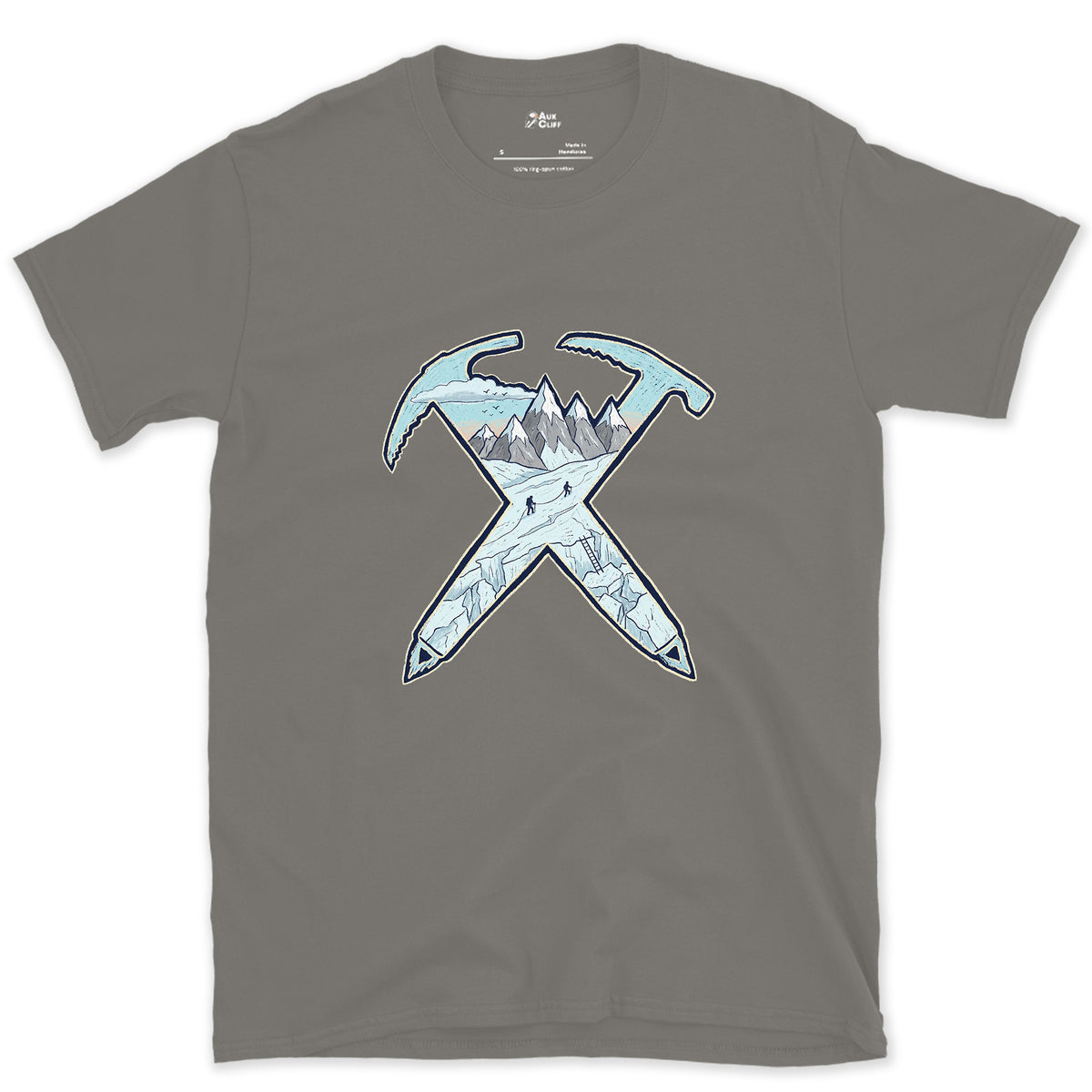 Dawn on the Glacier, Crossed Ice Axes design on a Charcoal Gildan Softstyle t-shirt