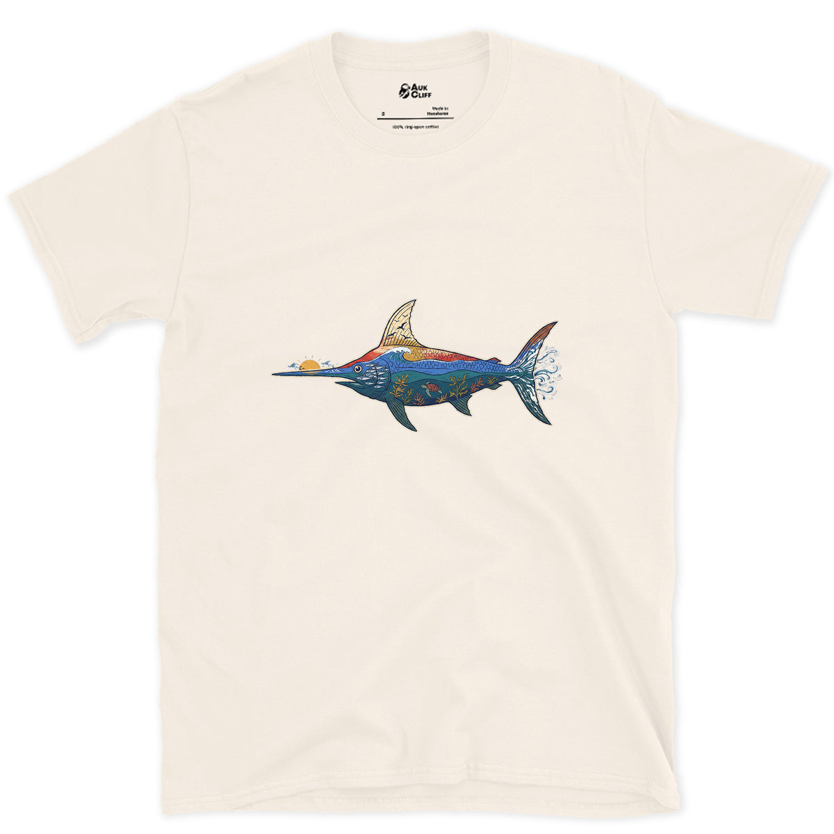 Swordfish in Deep Blue Water design on a Natural Gildan Softstyle t-shirt
