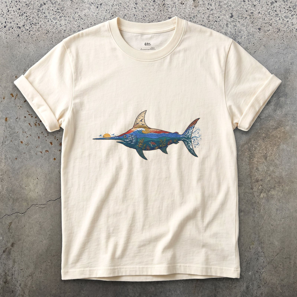 Swordfish in Deep Blue Water design on a Natural Gildan Softstyle t-shirt