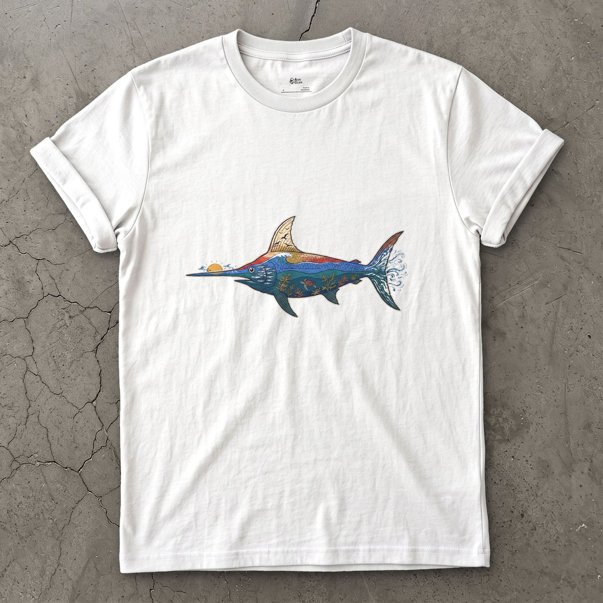 Swordfish in Deep Blue Water design on a White Gildan Softstyle t-shirt