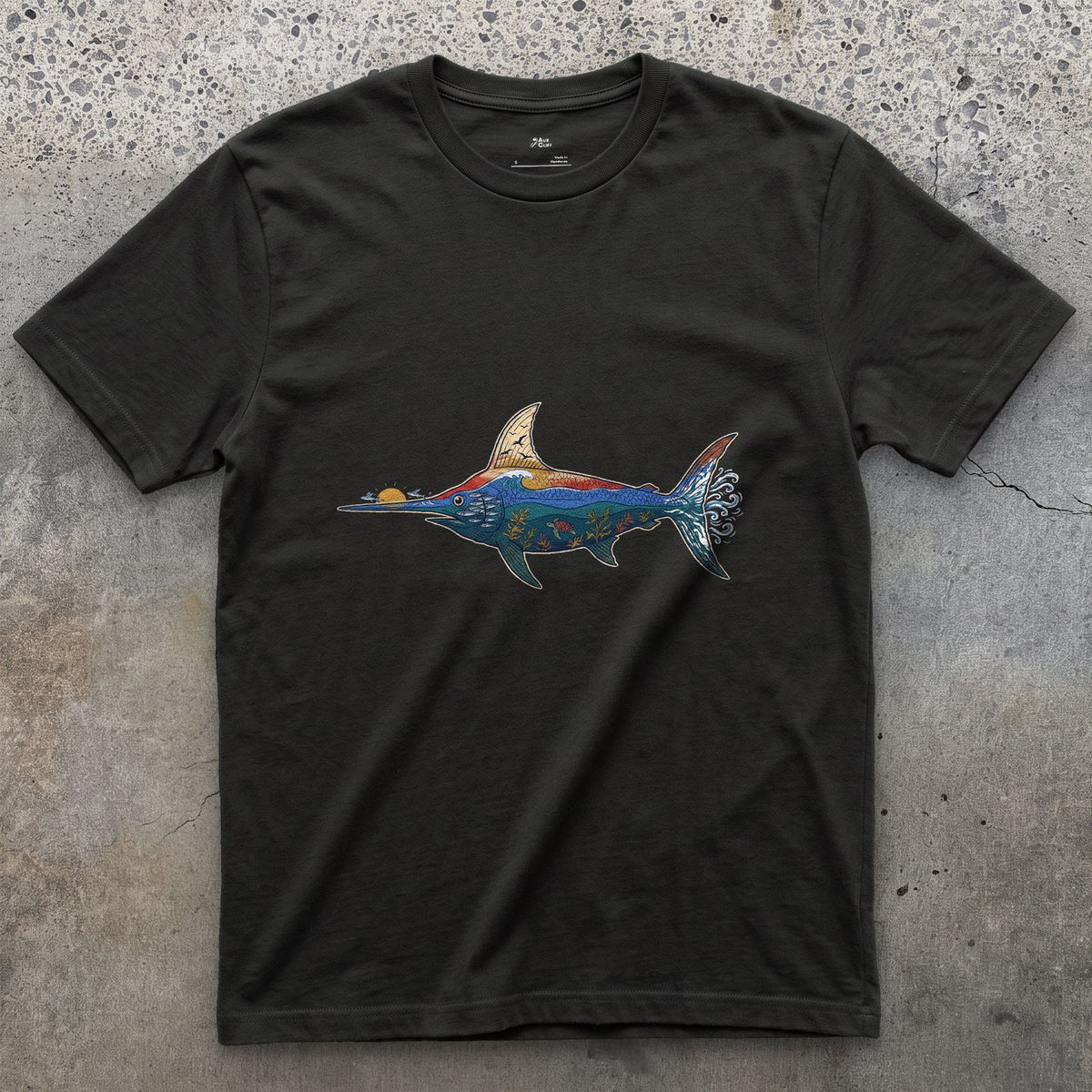 Swordfish in Deep Blue Water design on a Black Gildan Softstyle t-shirt