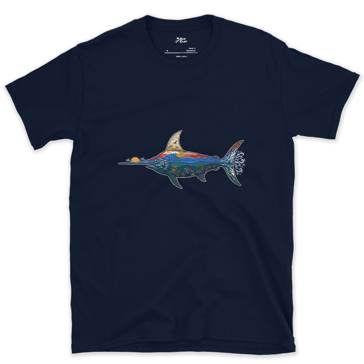 Swordfish in Deep Blue Water design on a Navy Gildan Softstyle t-shirt