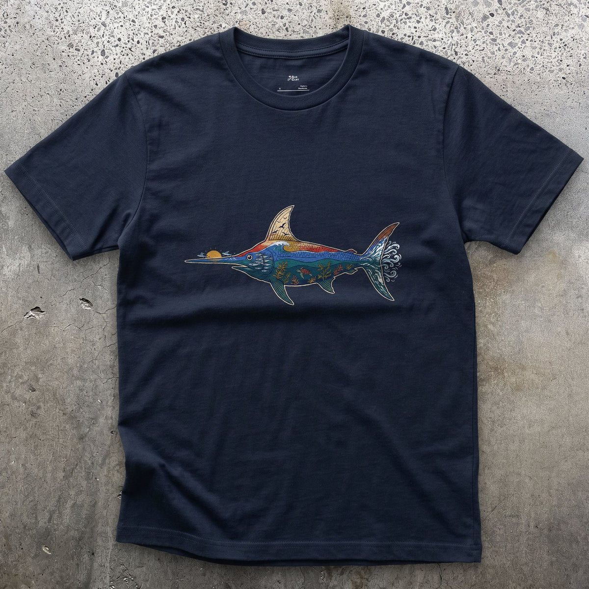 Swordfish in Deep Blue Water design on a Navy Gildan Softstyle t-shirt