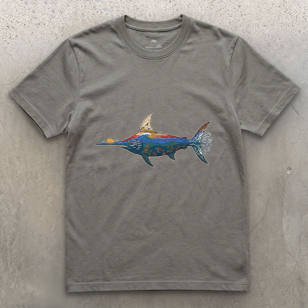 Swordfish in Deep Blue Water design on a Charcoal Gildan Softstyle t-shirt