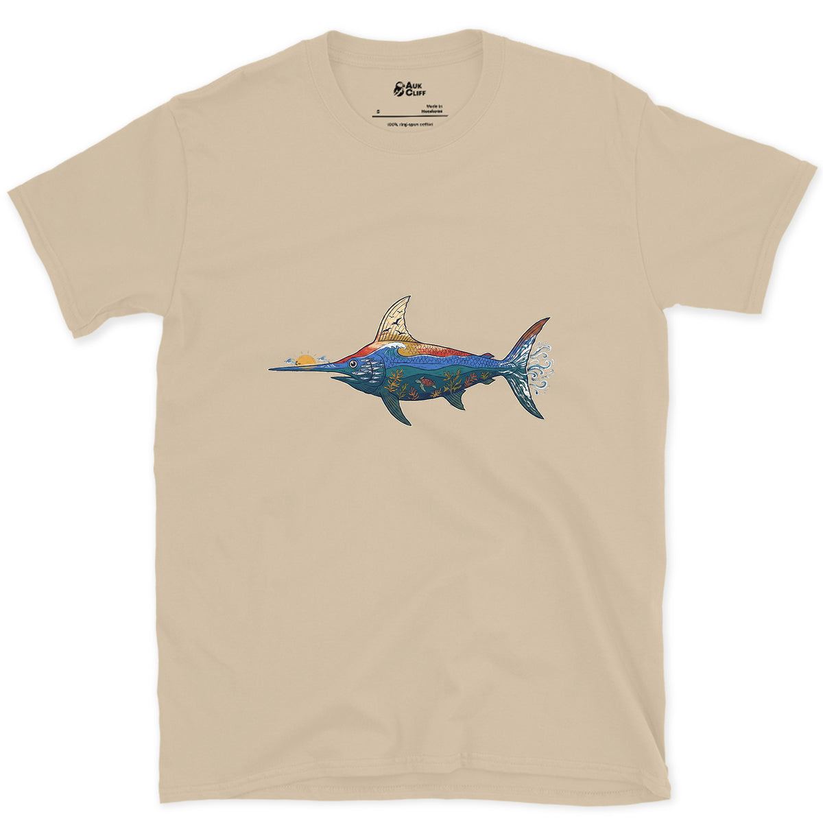 Swordfish in Deep Blue Water design on a Sand Gildan Softstyle t-shirt