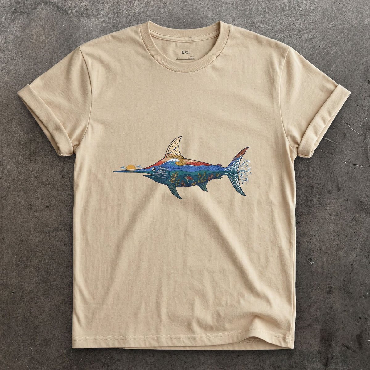 Swordfish in Deep Blue Water design on a Sand Gildan Softstyle t-shirt