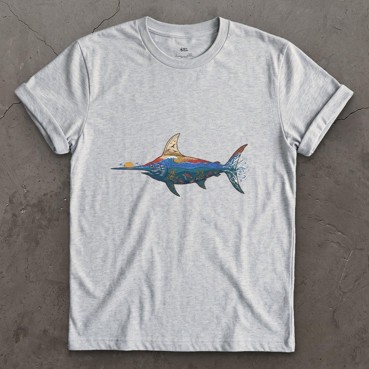 Swordfish in Deep Blue Water design on a Sport Grey Gildan Softstyle t-shirt