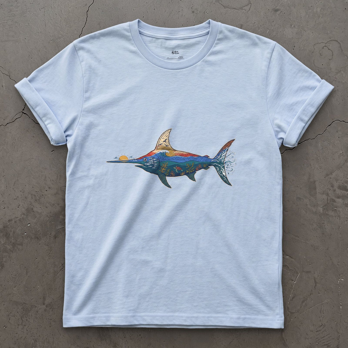Swordfish in Deep Blue Water design on a Light Blue Gildan Softstyle t-shirt