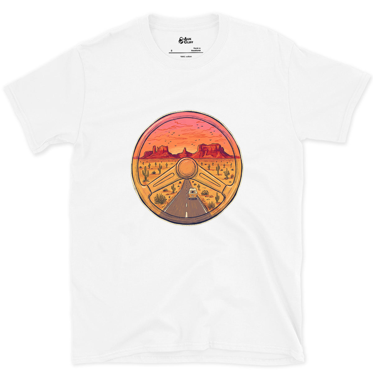 Desert Highway Behind the Wheel design on a White Gildan Softstyle t-shirt