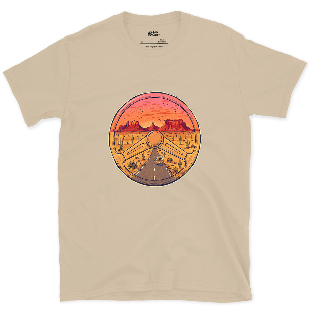 Desert Highway Behind the Wheel design on a Sand Gildan Softstyle t-shirt