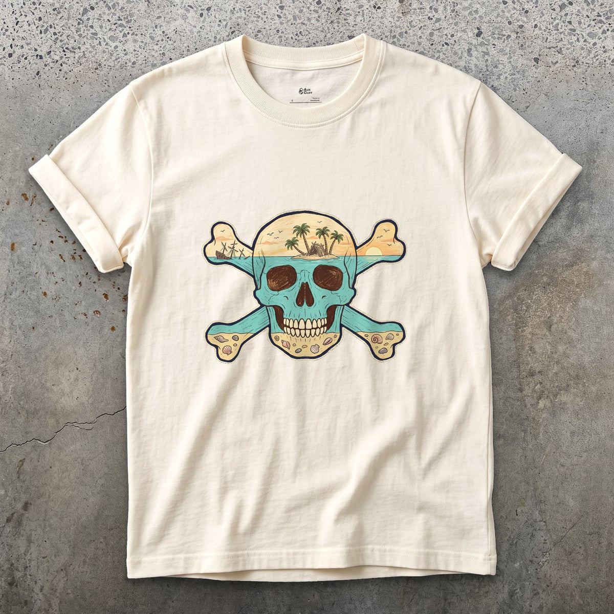 Desert Island, Skull and Crossbones design on a Natural Gildan Softstyle t-shirt