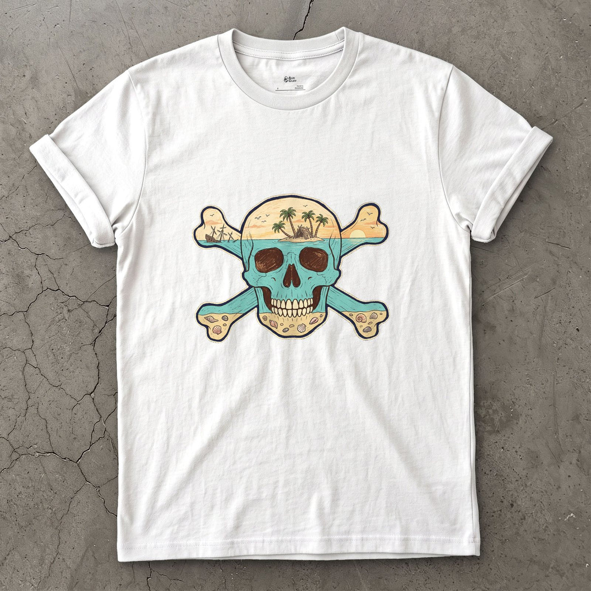 Desert Island, Skull and Crossbones design on a White Gildan Softstyle t-shirt