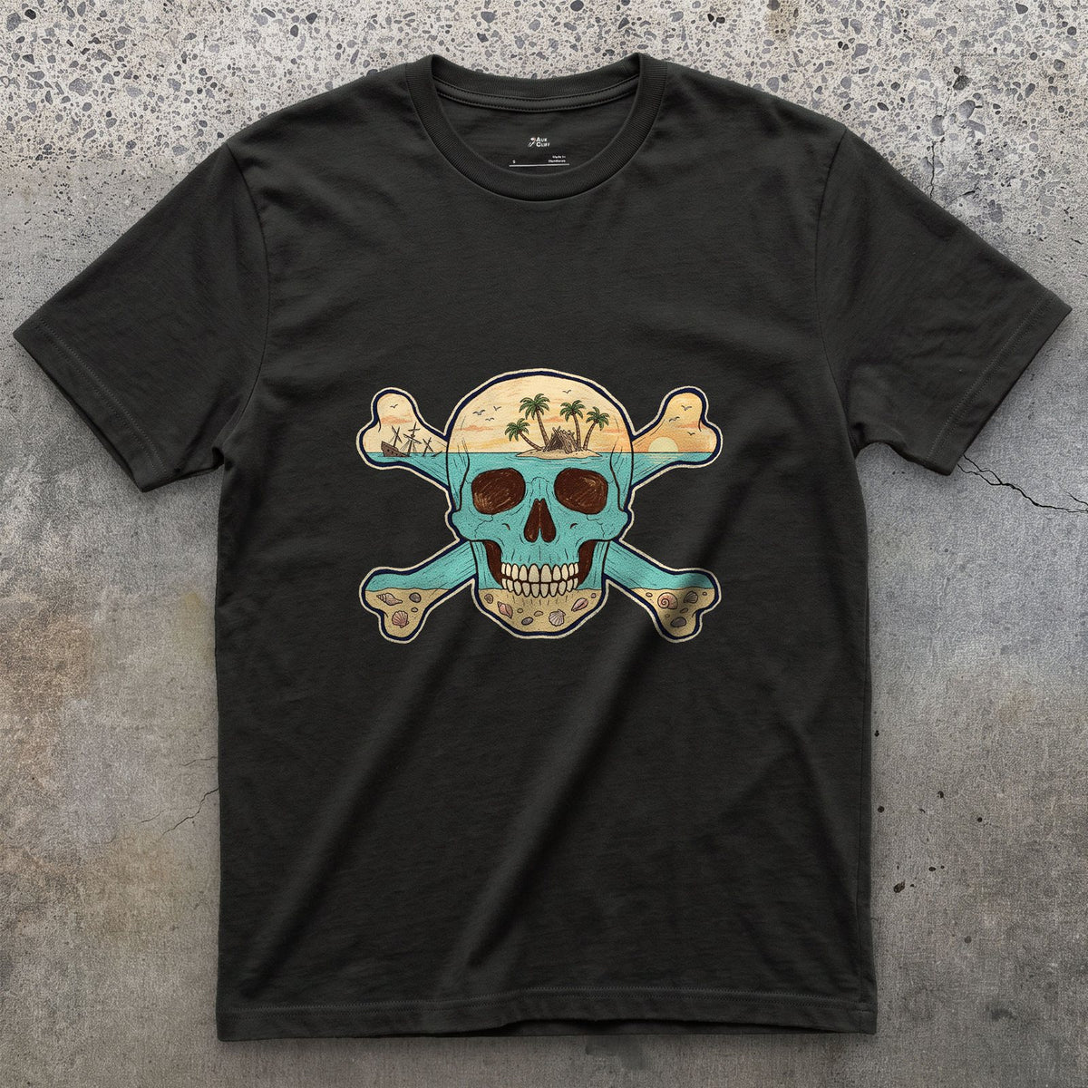 Desert Island, Skull and Crossbones design on a Black Gildan Softstyle t-shirt