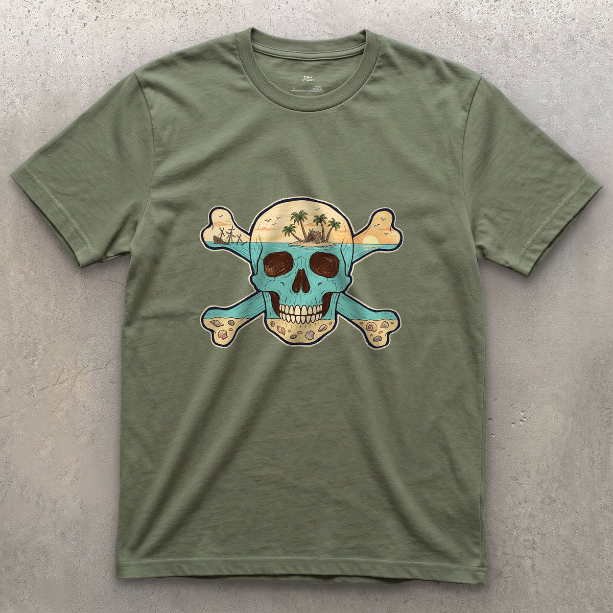 Desert Island, Skull and Crossbones design on a Military Green Gildan Softstyle t-shirt