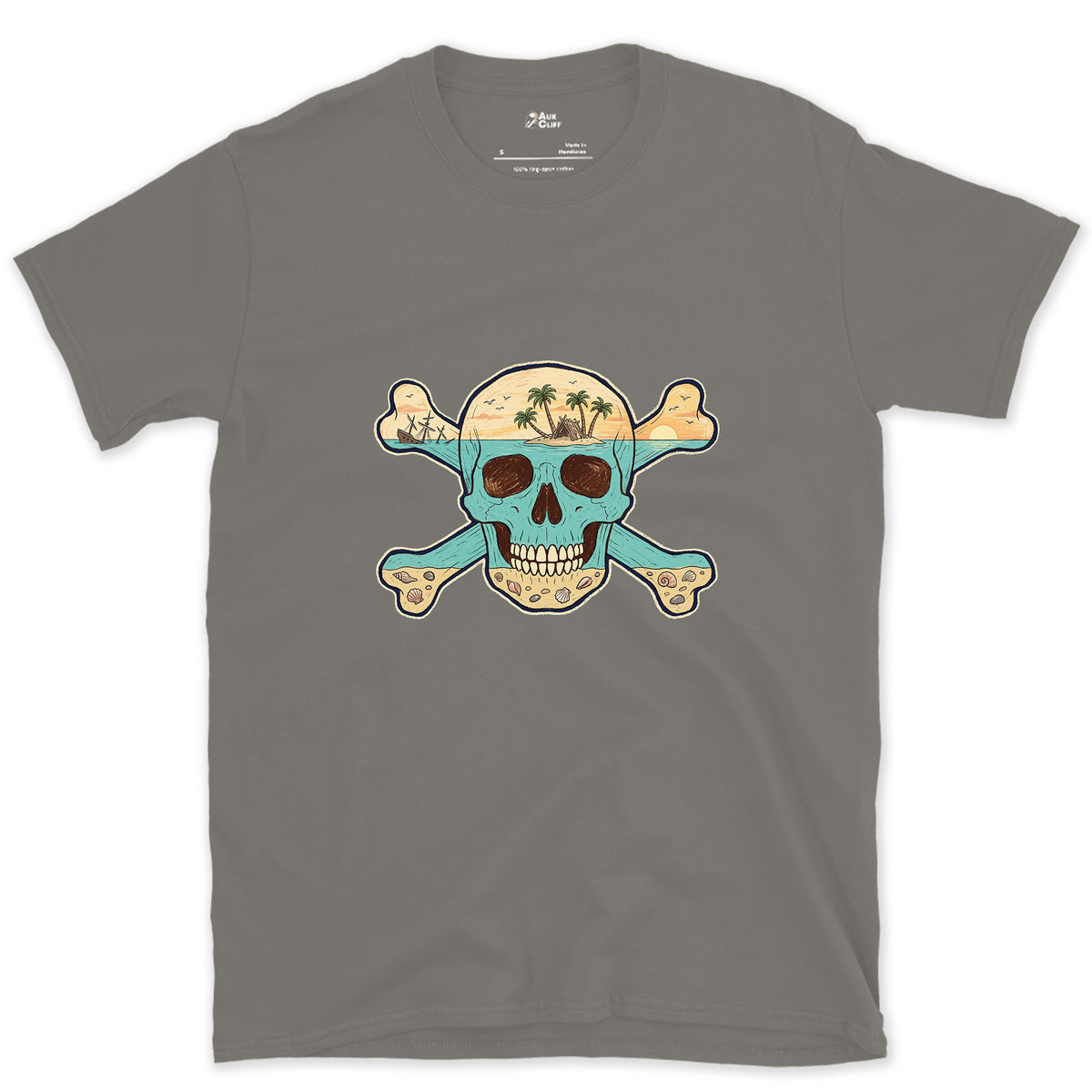 Desert Island, Skull and Crossbones design on a Charcoal Gildan Softstyle t-shirt