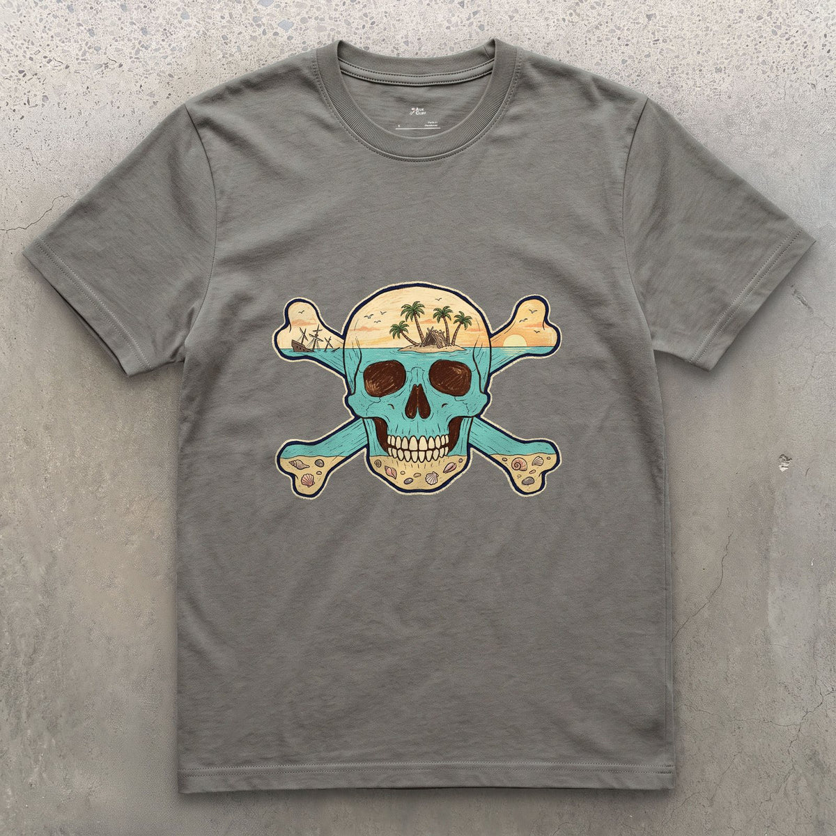 Desert Island, Skull and Crossbones design on a Charcoal Gildan Softstyle t-shirt