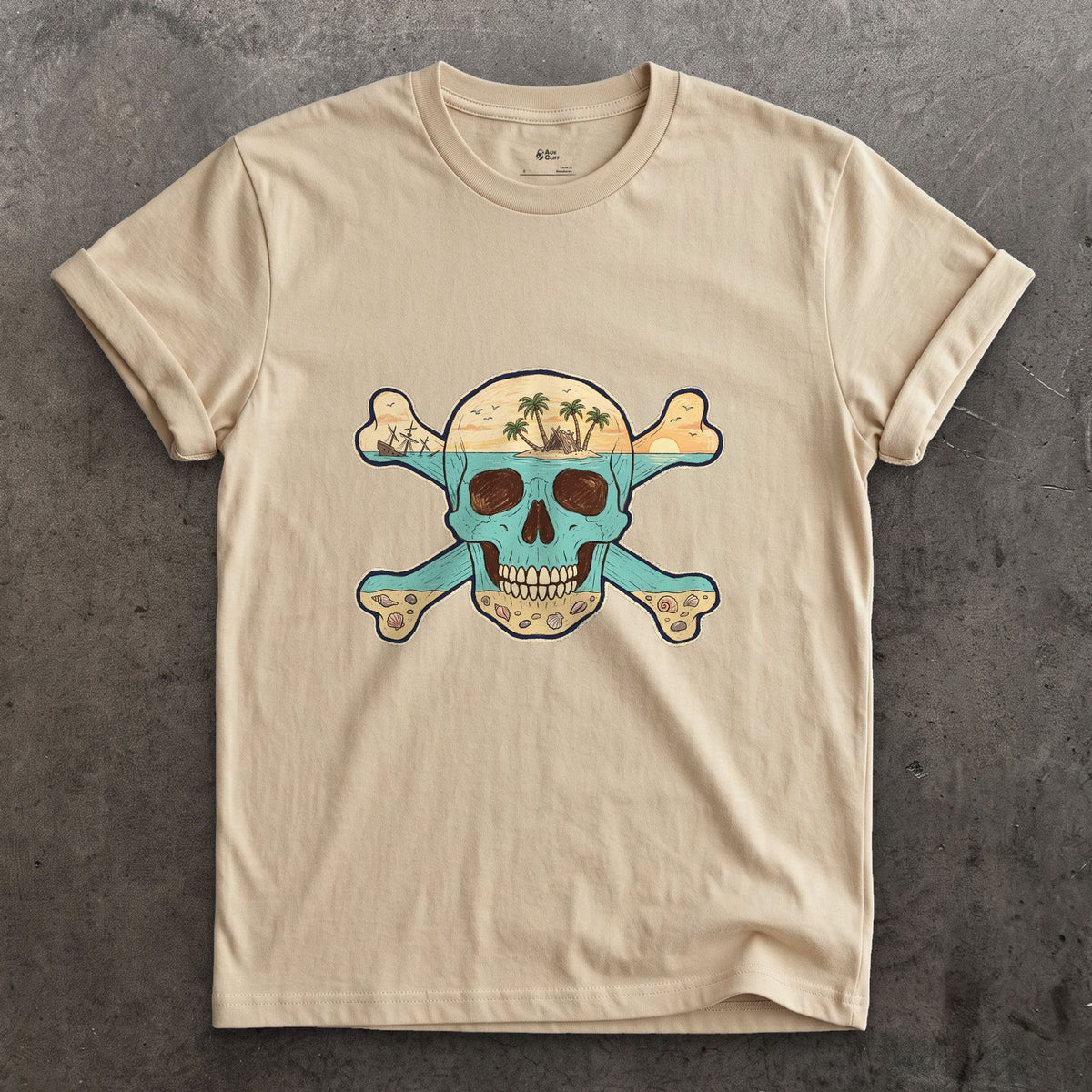 Desert Island, Skull and Crossbones design on a Sand Gildan Softstyle t-shirt