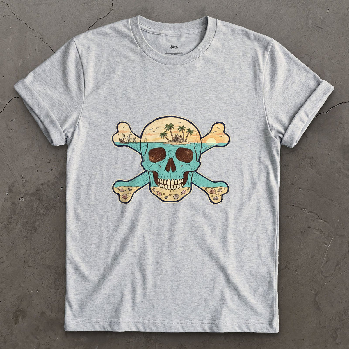 Desert Island, Skull and Crossbones design on a Sport Grey Gildan Softstyle t-shirt