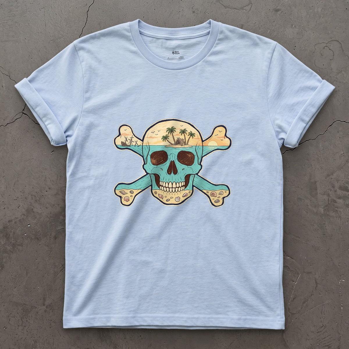 Desert Island, Skull and Crossbones design on a Light Blue Gildan Softstyle t-shirt