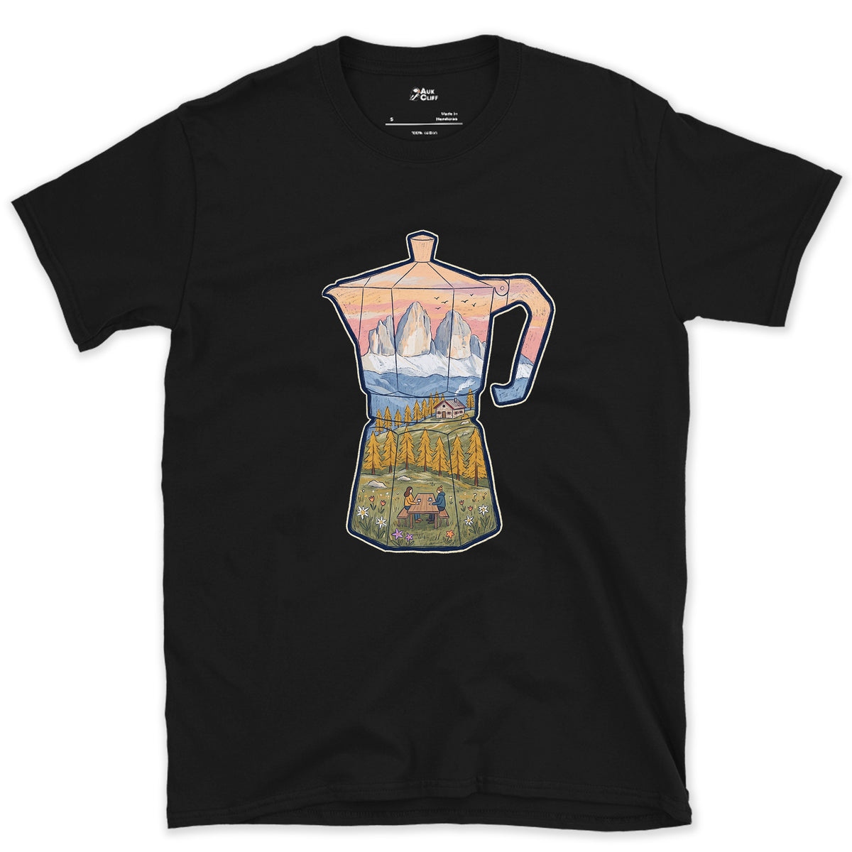 Alpine Dawn in the Dolomites, Moka Pot design on a Black Gildan Softstyle t-shirt