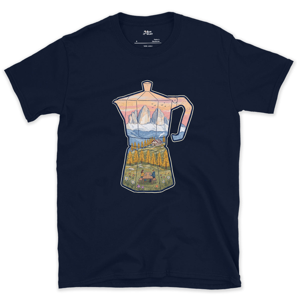 Alpine Dawn in the Dolomites, Moka Pot design on a Navy Gildan Softstyle t-shirt