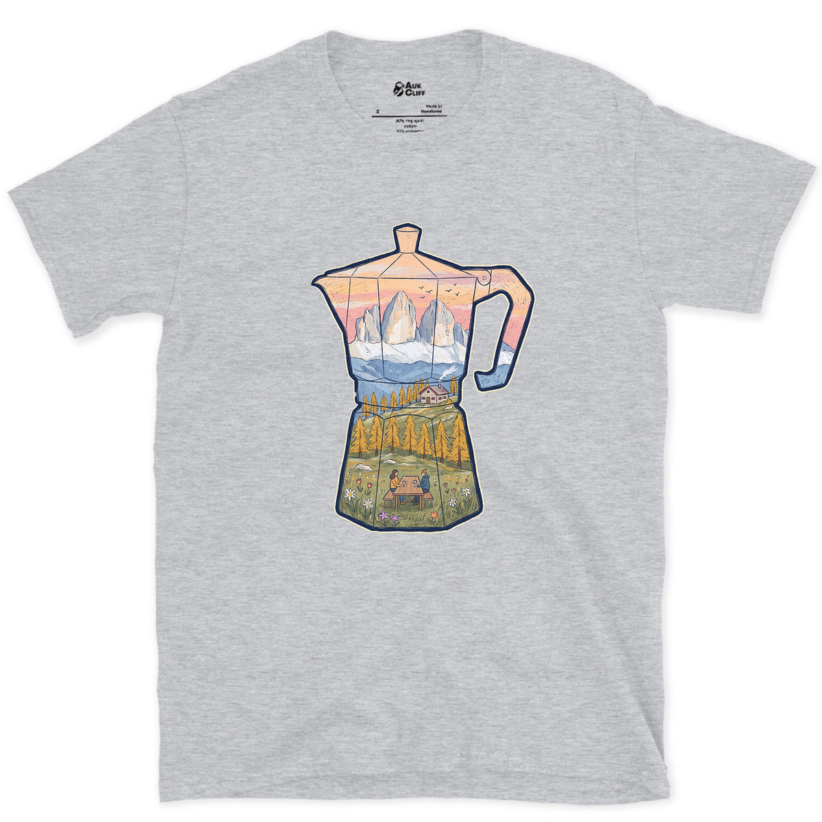 Alpine Dawn in the Dolomites, Moka Pot design on a Sport Grey Gildan Softstyle t-shirt