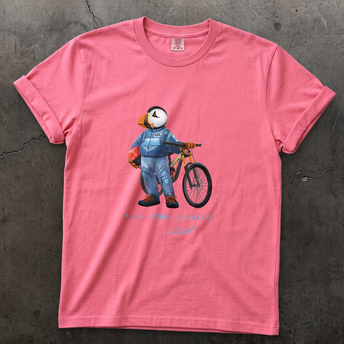 Captain Puffin Downhill Mountain Biker on a Crunchberry Comfort Colors t-shirt