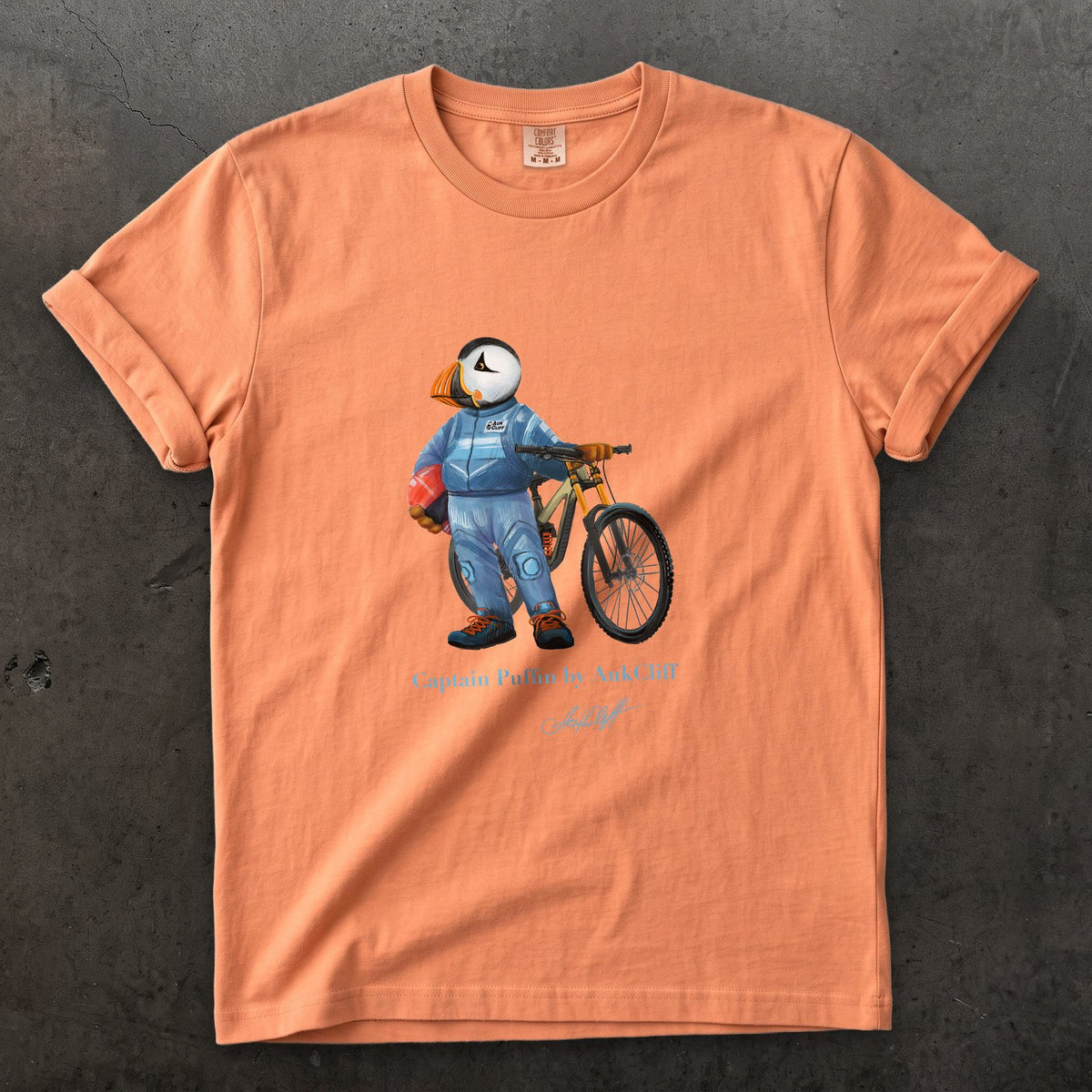 Captain Puffin Downhill Mountain Biker on a Terracotta Comfort Colors t-shirt
