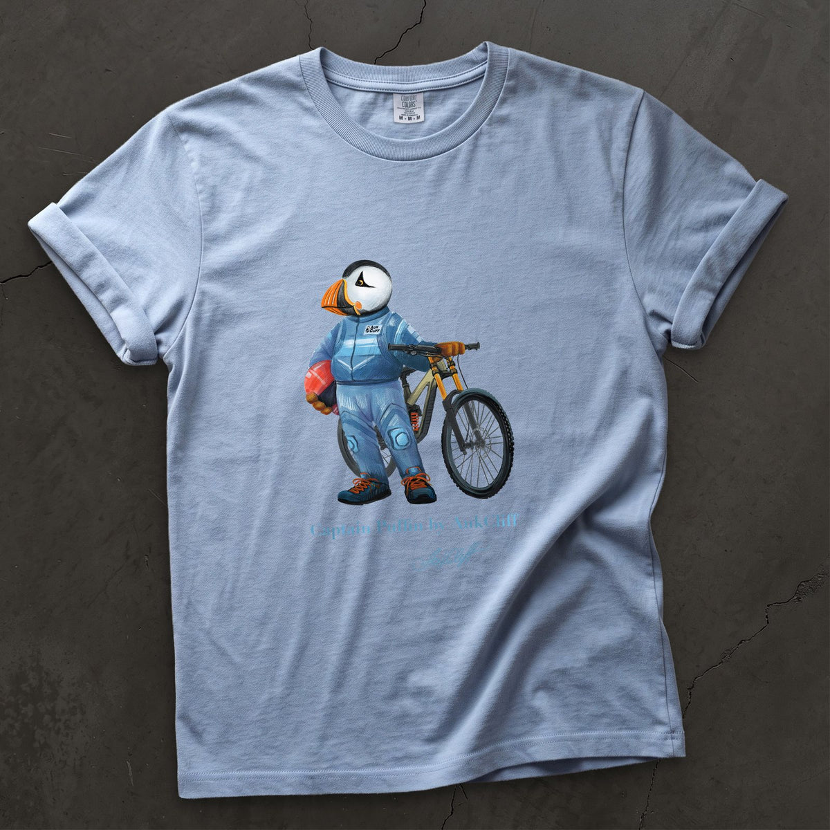 Captain Puffin Downhill Mountain Biker on a Washed Denim Comfort Colors t-shirt