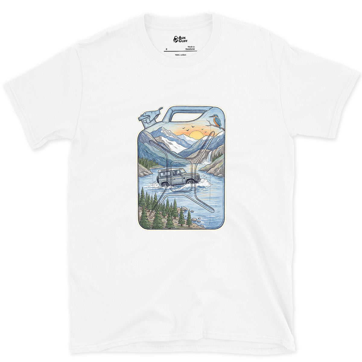 Driving the Ford, Jerry Can design on a White Gildan Softstyle t-shirt