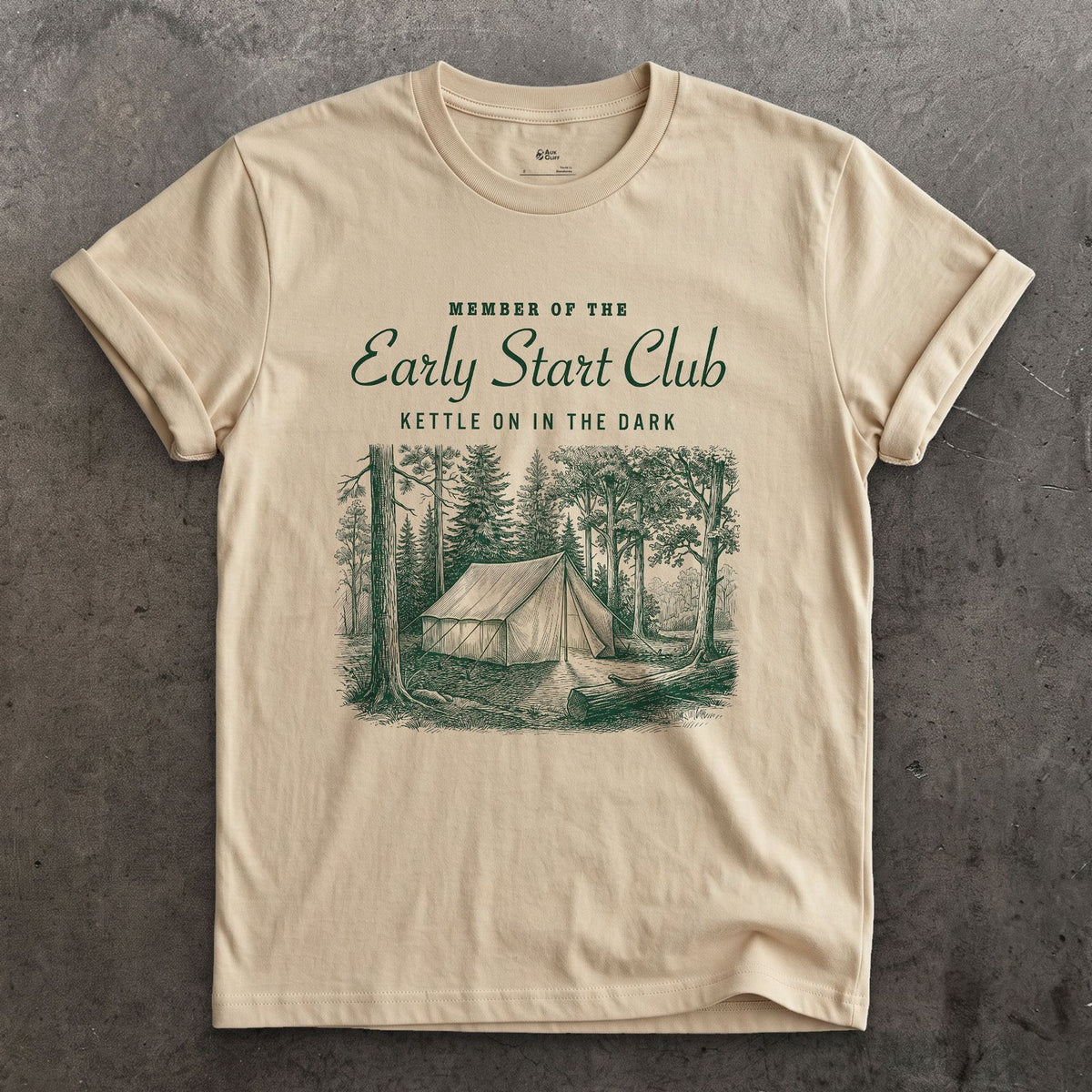 Kettle on in the Dark, Early Start Club design on a Sand Gildan Softstyle t-shirt