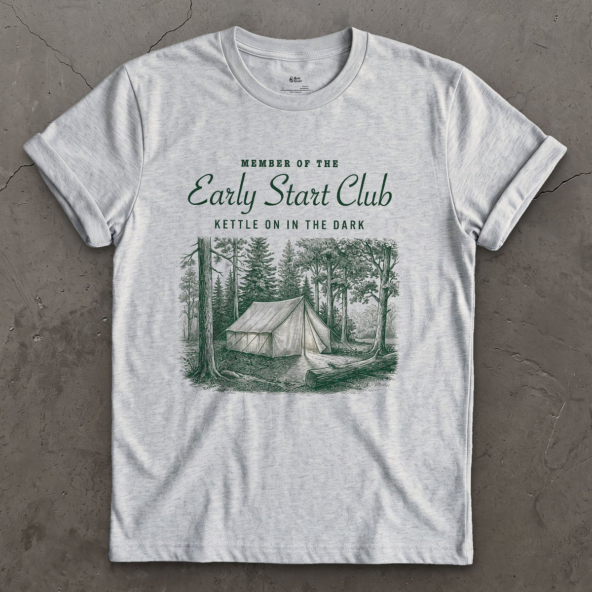 Kettle on in the Dark, Early Start Club design on a Sport Grey Gildan Softstyle t-shirt