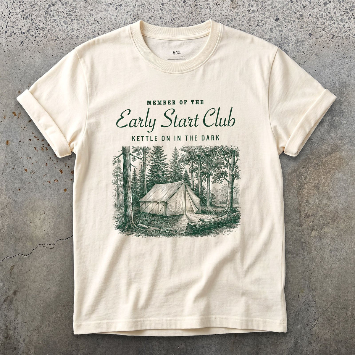 Kettle on in the Dark, Early Start Club design on a Natural Gildan Softstyle t-shirt