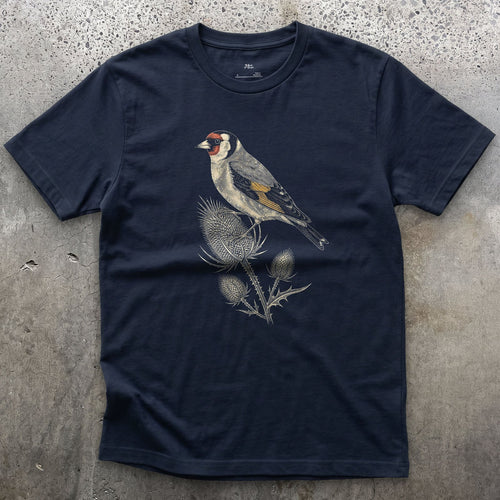 Goldfinch on a Teasel, Now in Full Colour design on a Navy Gildan Softstyle t-shirt