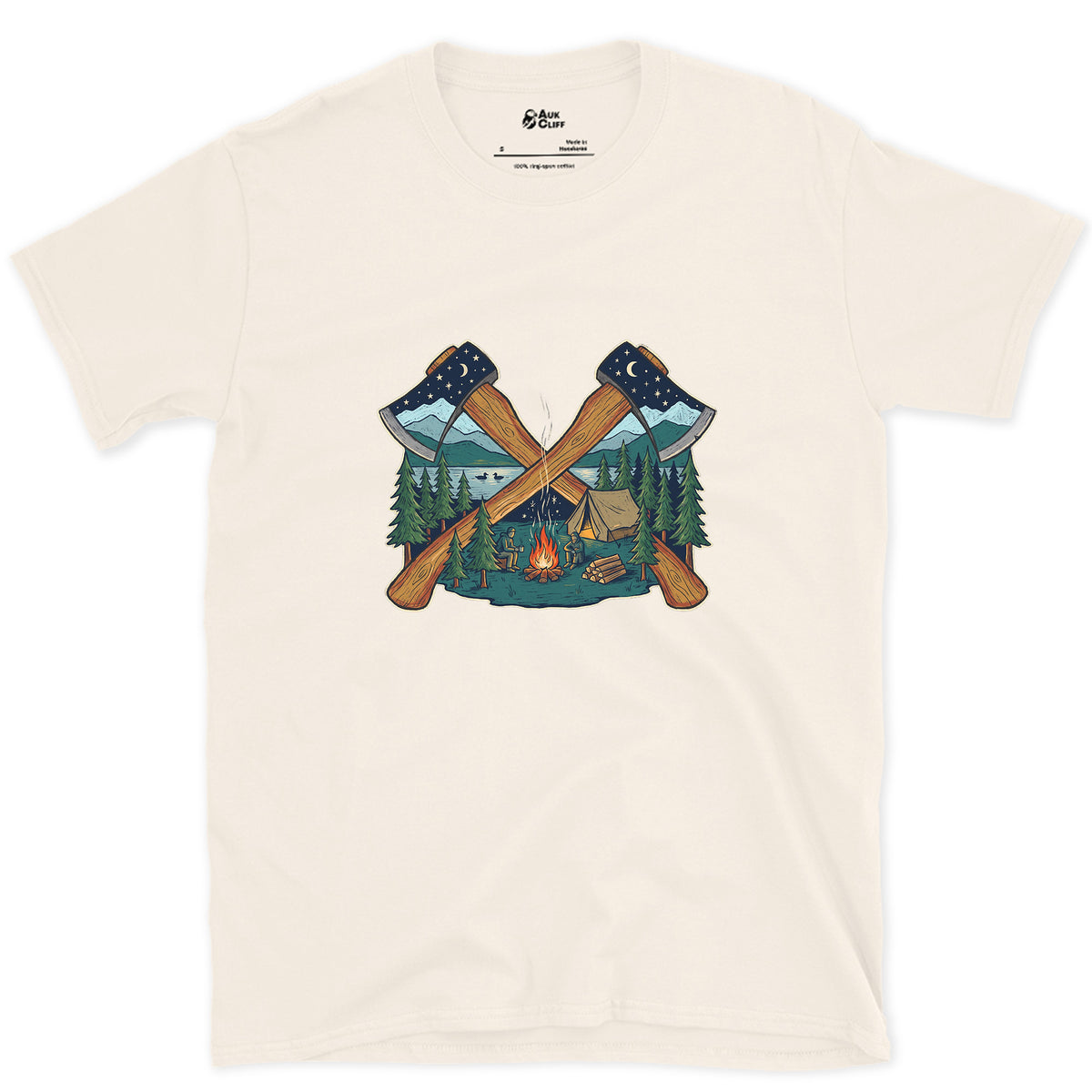 Evening Camp Between Two Axes design on a Natural Gildan Softstyle t-shirt
