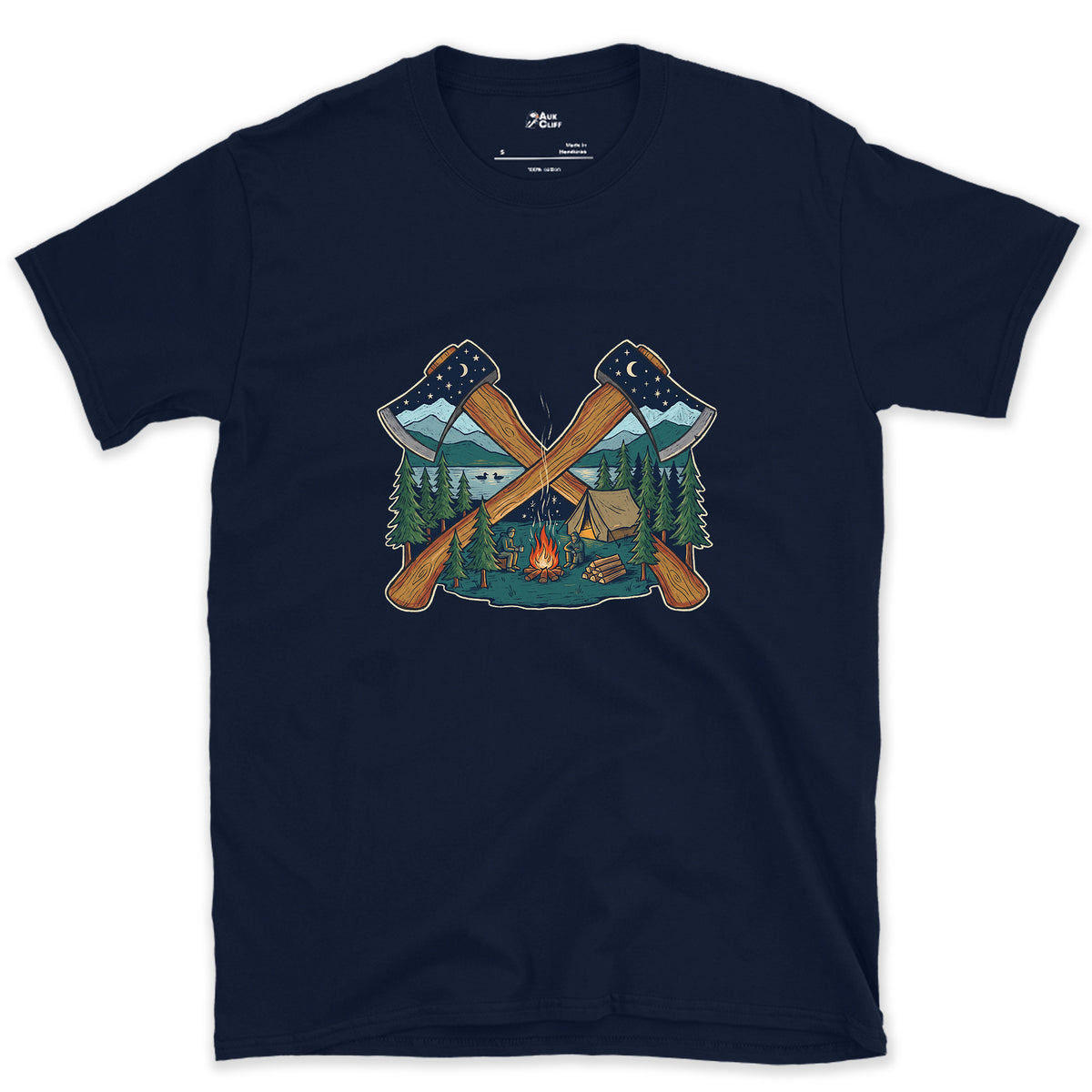 Evening Camp Between Two Axes design on a Navy Gildan Softstyle t-shirt