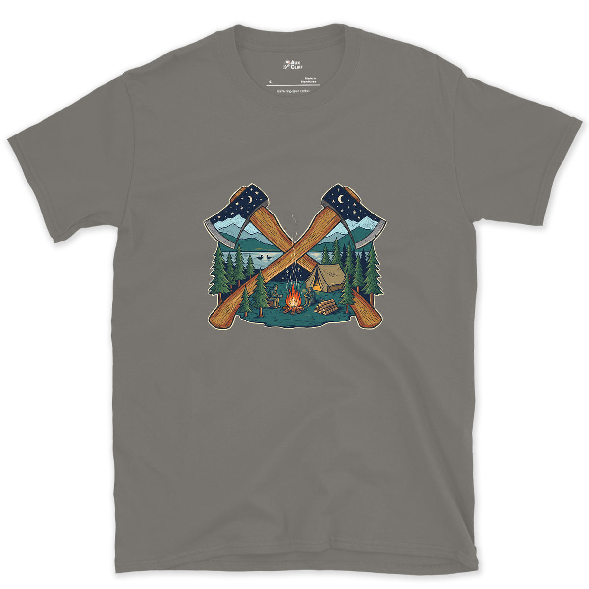 Evening Camp Between Two Axes design on a Charcoal Gildan Softstyle t-shirt