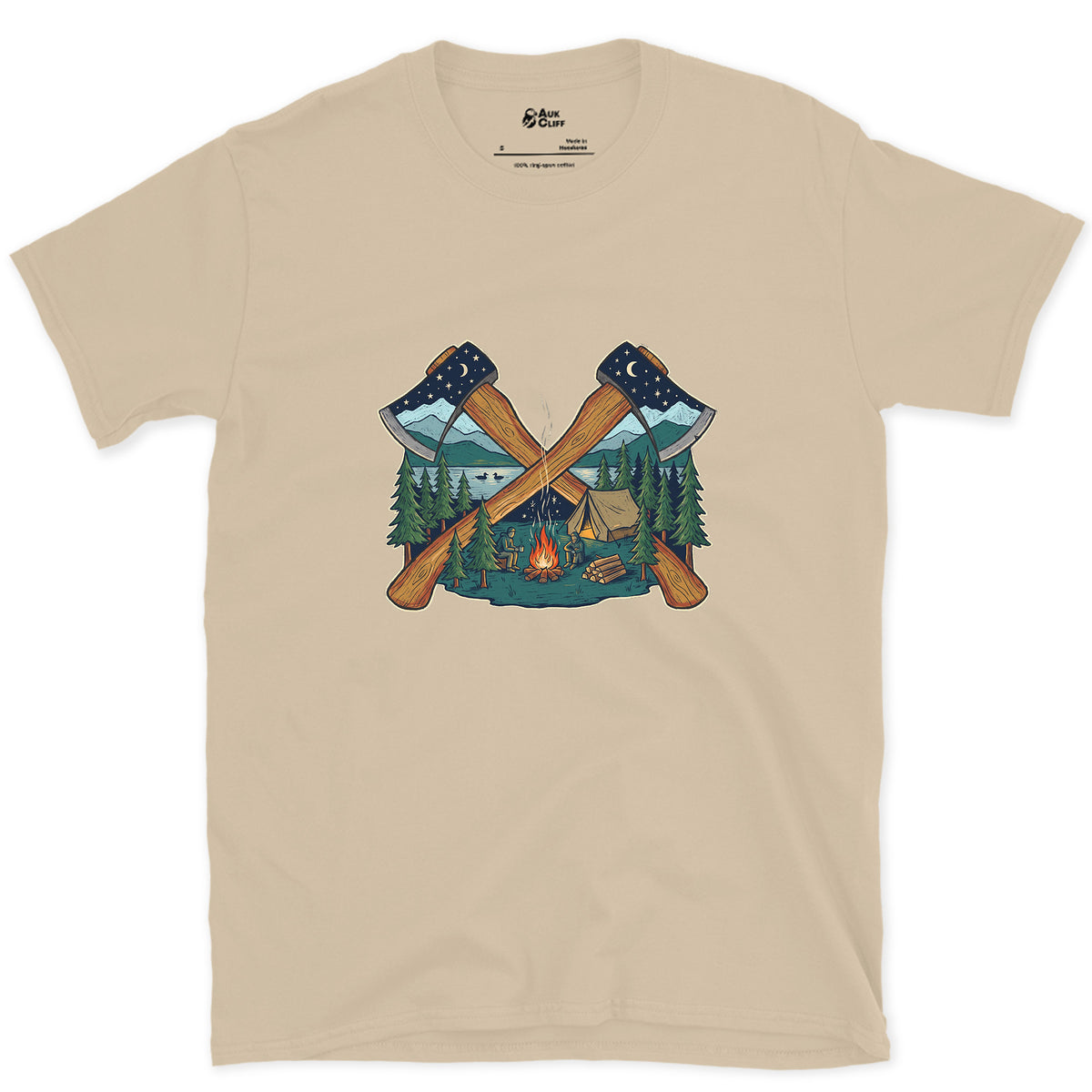 Evening Camp Between Two Axes design on a Sand Gildan Softstyle t-shirt