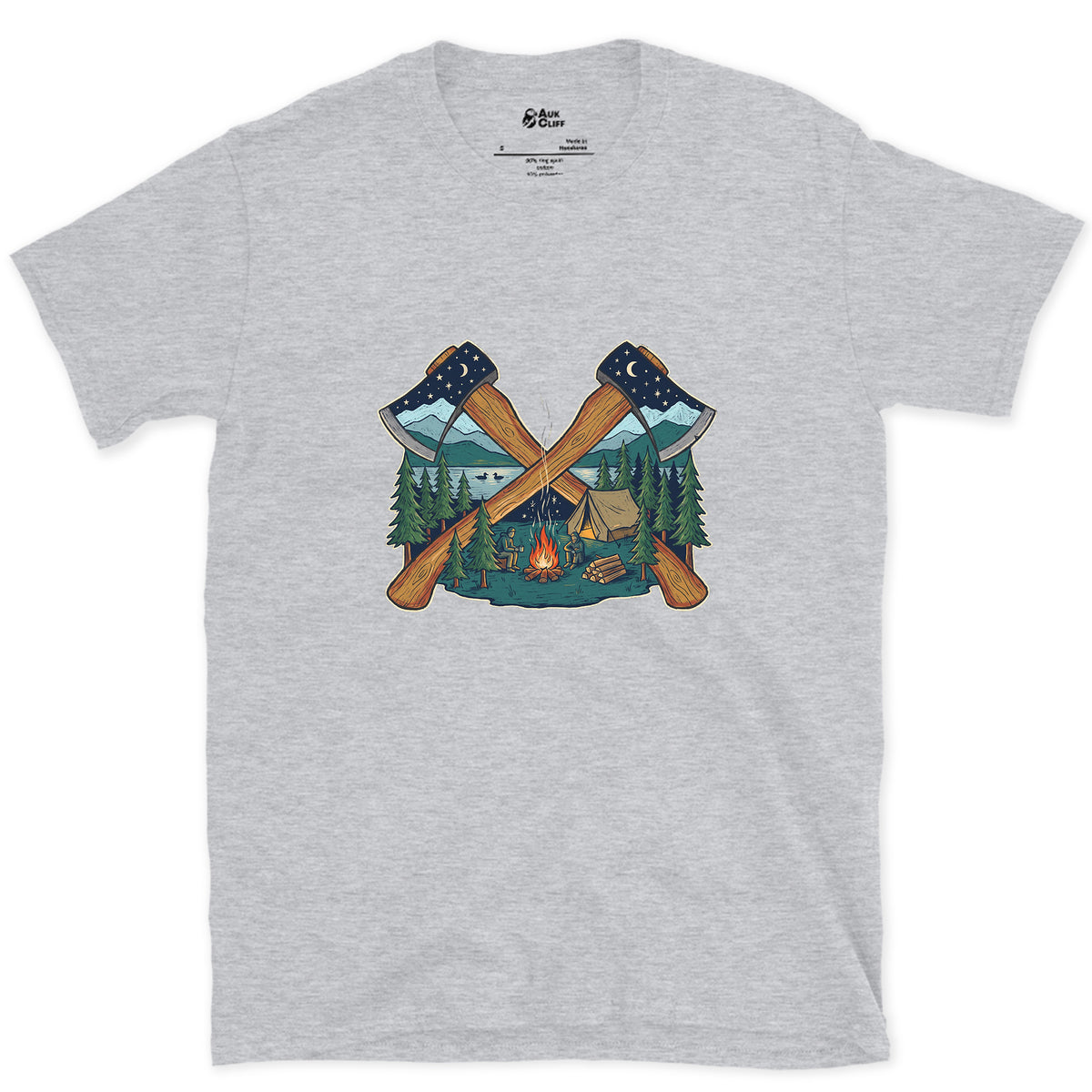 Evening Camp Between Two Axes design on a Sport Grey Gildan Softstyle t-shirt