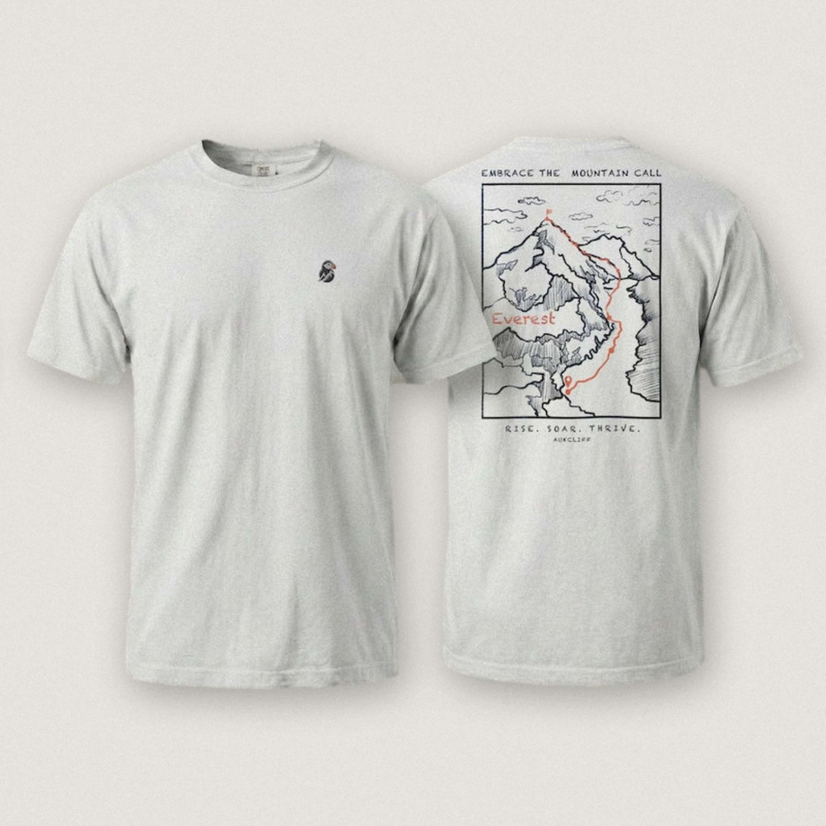 AukCliff Everest tee in White, summit-route line art across the back