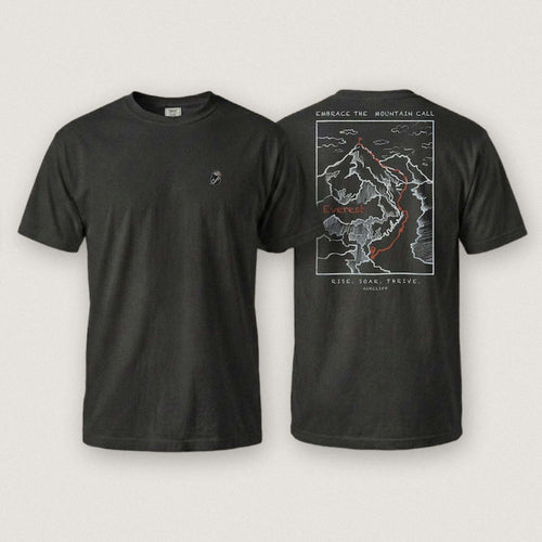 AukCliff Everest tee in Black, summit-route line art across the back