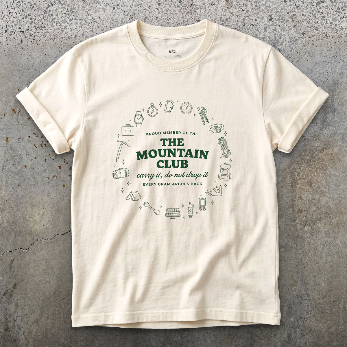 Carry It, Do Not Drop It, the Mountain Argues Back design on a Natural Gildan Softstyle t-shirt