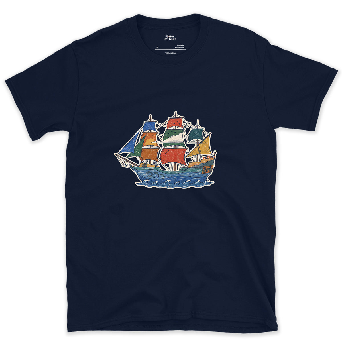 Every Sea It Has Crossed, Galleon design on a Navy Gildan Softstyle t-shirt