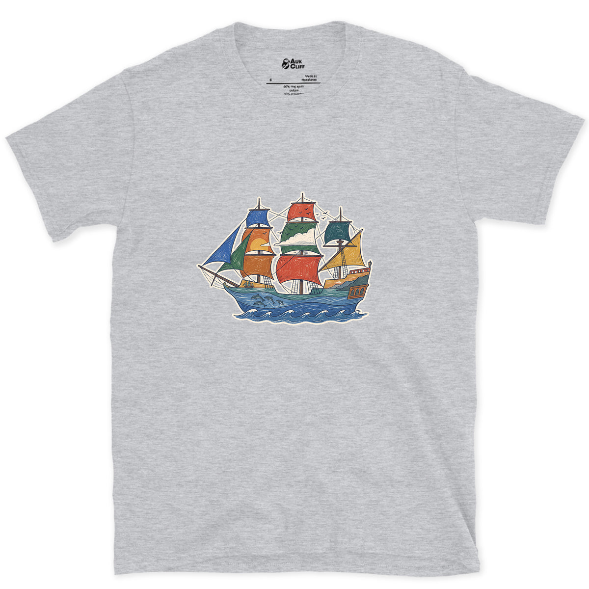 Every Sea It Has Crossed, Galleon design on a Sport Grey Gildan Softstyle t-shirt