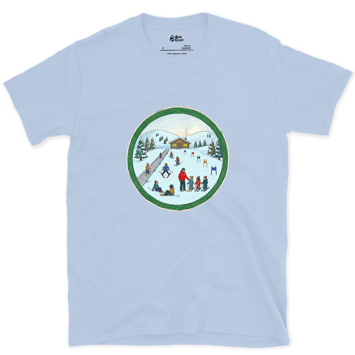 Every Skier Starts on the Green Circle design on a Light Blue Gildan Softstyle t-shirt