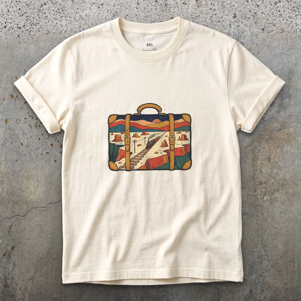 Everywhere It Has Been, Leather Suitcase design on a Natural Gildan Softstyle t-shirt