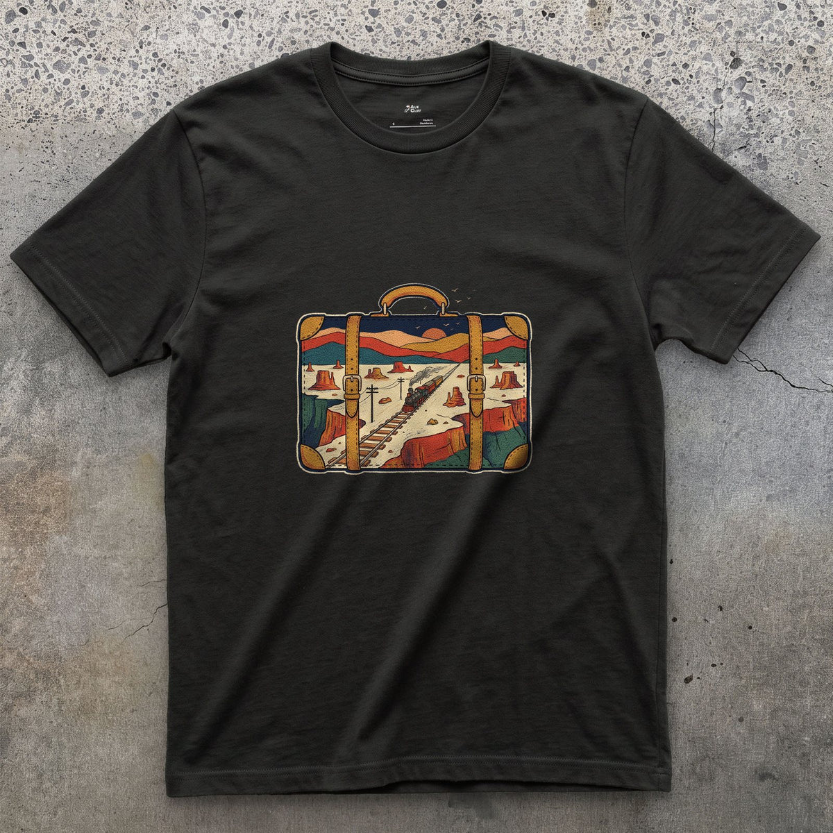 Everywhere It Has Been, Leather Suitcase design on a Black Gildan Softstyle t-shirt